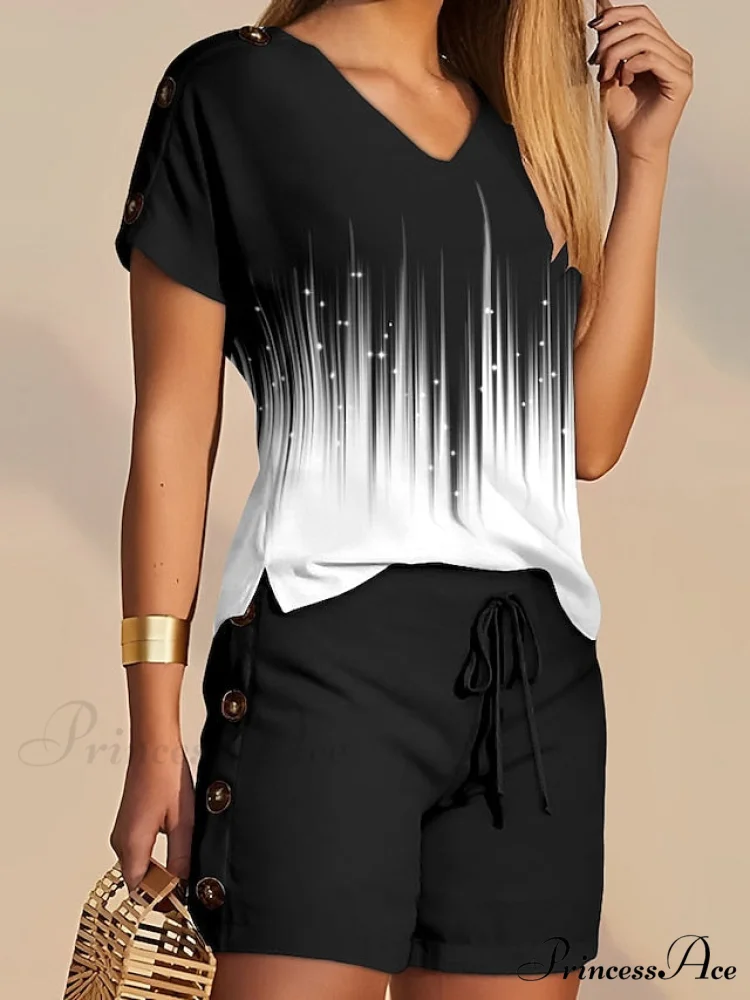 S Tee T Flowered White Shorts Sets Streetwear M Black Women's XL V Casual Neck Drawstring Design Baggy shirt L Daily 2XL - Image 2