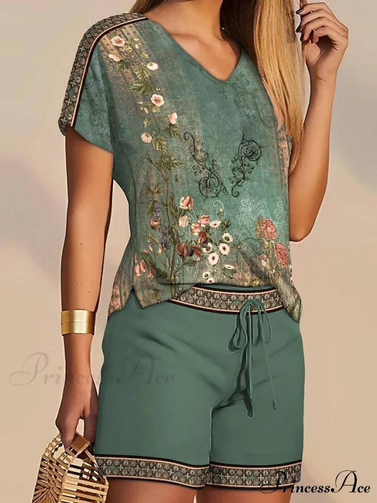 S Tee T Flowered White Shorts Sets Streetwear M Black Women's XL V Casual Neck Drawstring Design Baggy shirt L Daily 2XL - Image 5