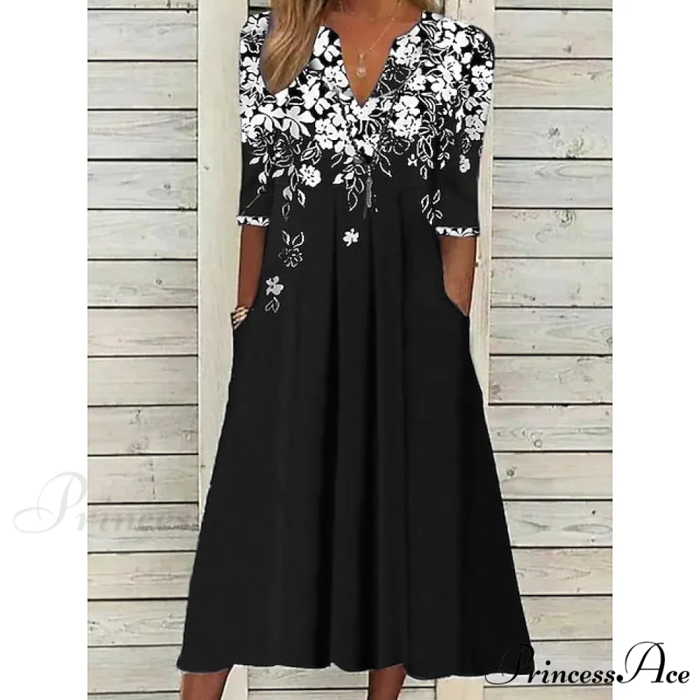 Patchwork Flowered Half Warm-Season 2XL Black Gown Blouse Casual M Shift Fashion Spring Midi L XL Women's T Neck Crew 2024 S Blue Arm Wine 3XL