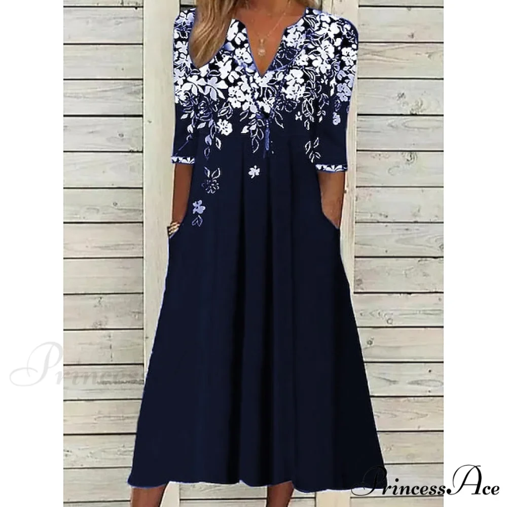 Patchwork Flowered Half Warm-Season 2XL Black Gown Blouse Casual M Shift Fashion Spring Midi L XL Women's T Neck Crew 2024 S Blue Arm Wine 3XL - Image 3