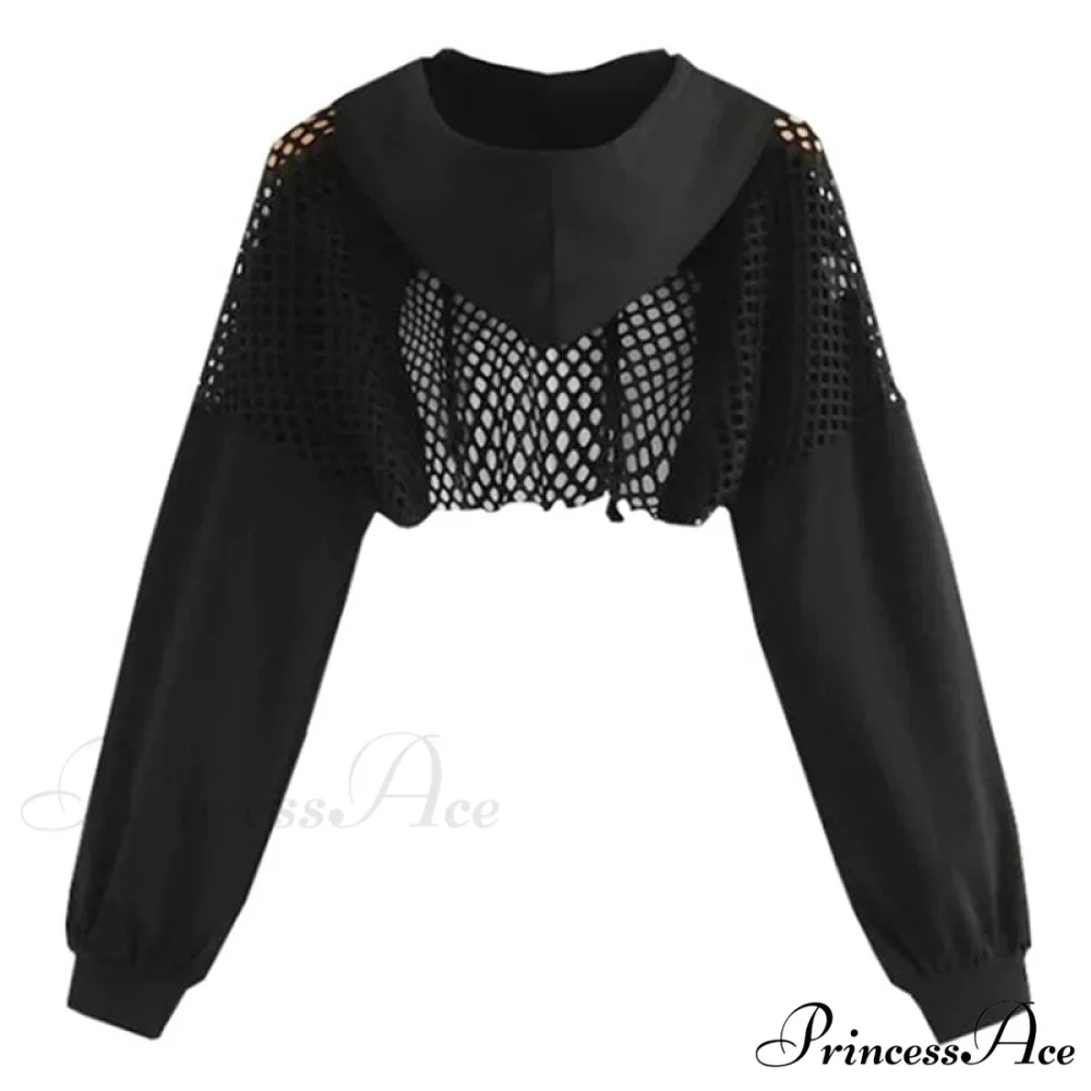 Women's Mesh with Out Hoodie Black Crop Top Hollow Patchwork - Image 2