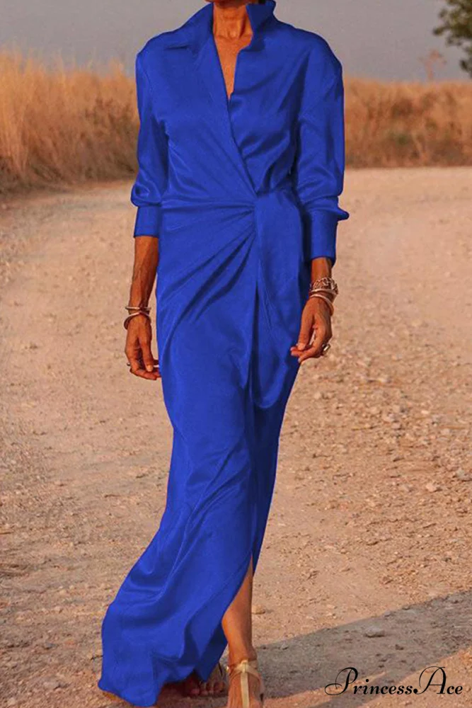 Gown Patchwork Blouse Bandage with Turndown Casual Solid Collar - Image 4