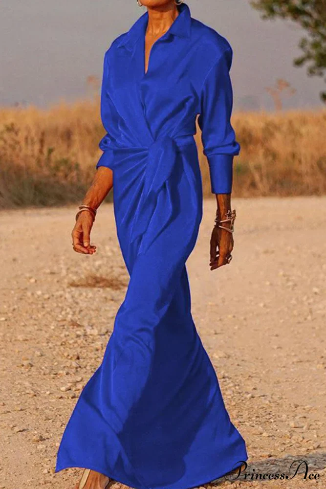 Gown Patchwork Blouse Bandage with Turndown Casual Solid Collar - Image 5