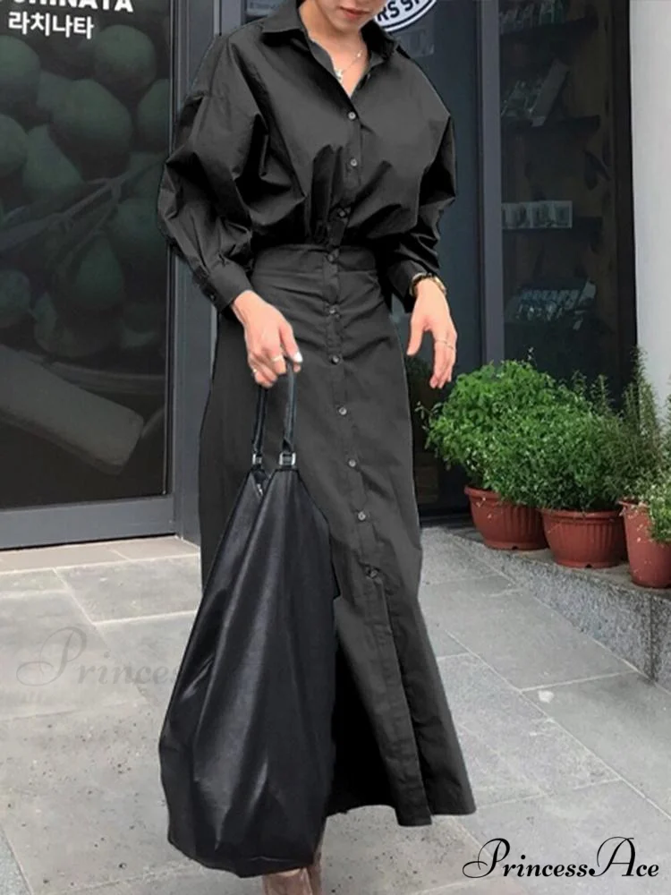 Arm Full-Length Vestidos Casual Female Robe Lapel Gown A Line Blouse Fashion Long Solid Oversized - Image 3