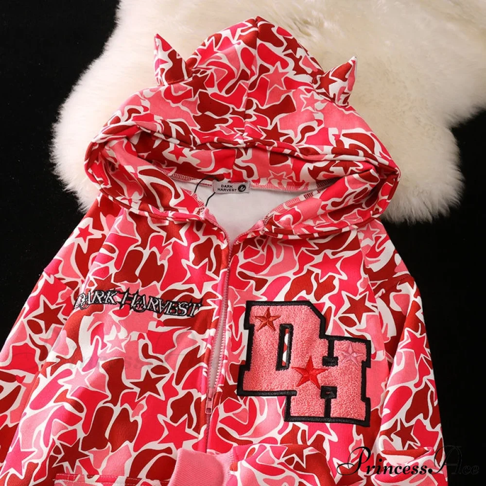 Y2k Hoodie Demon Streetwear Camouflage Up Embroidery Oversized Harajuku Zip Women - Image 4