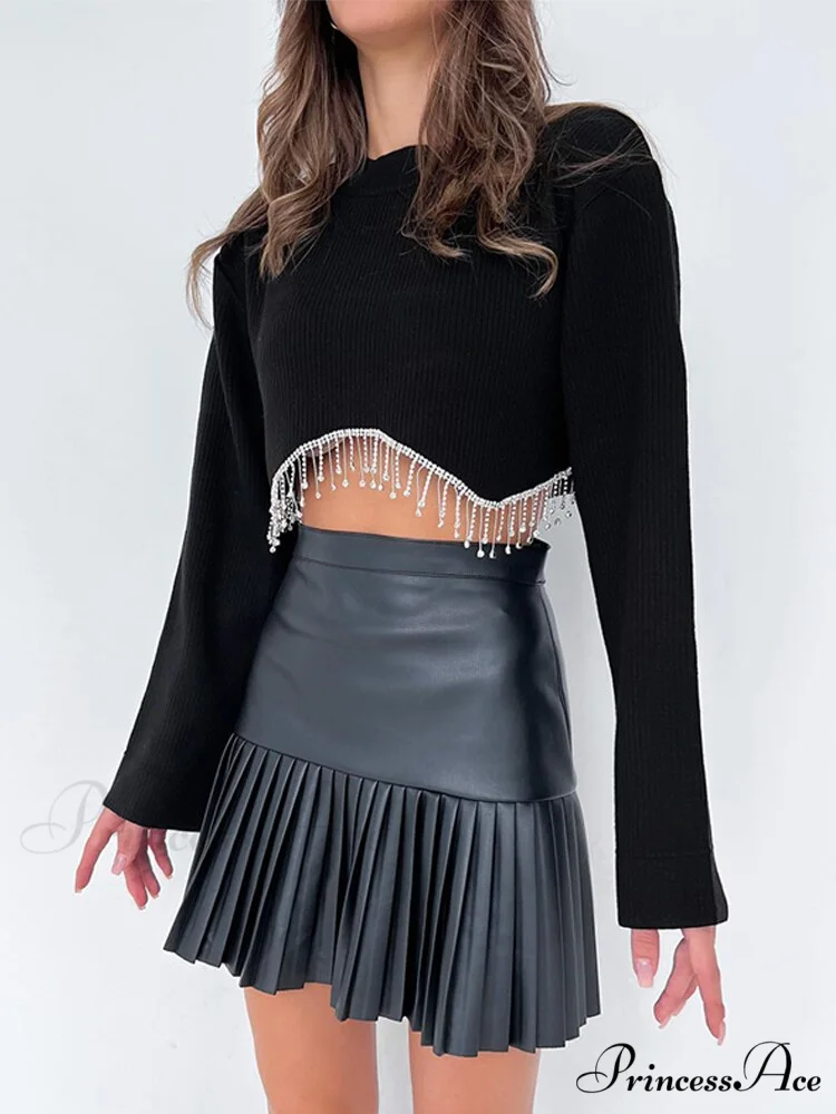 O-neck - Streetwear - Top - - Casual 2024 Rhinestone Spring - Long Women's Arm Tassel Crop - Hem T-shirt