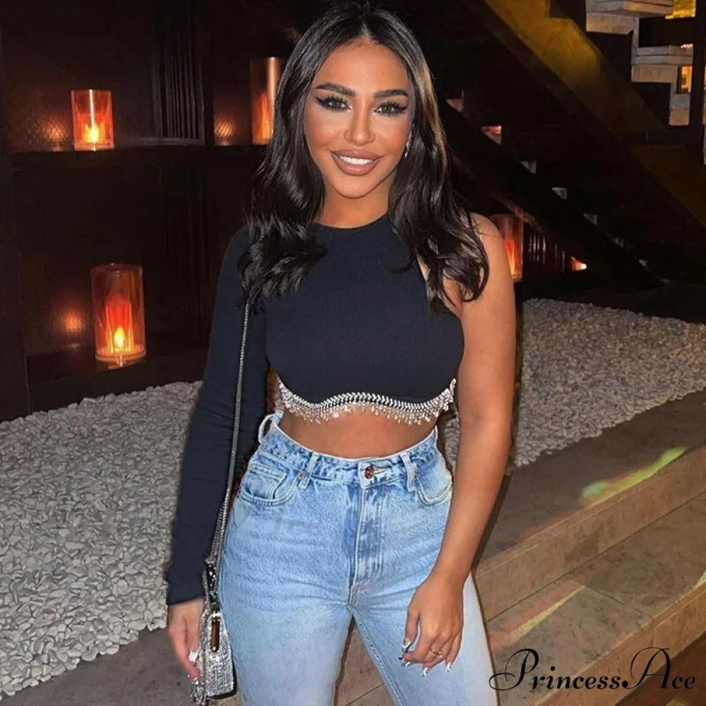 O-neck - Streetwear - Top - - Casual 2024 Rhinestone Spring - Long Women's Arm Tassel Crop - Hem T-shirt - Image 11