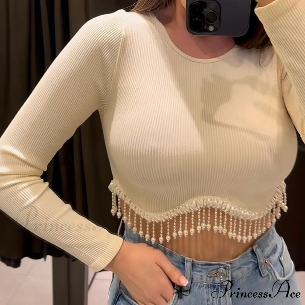 O-neck - Streetwear - Top - - Casual 2024 Rhinestone Spring - Long Women's Arm Tassel Crop - Hem T-shirt - Image 12