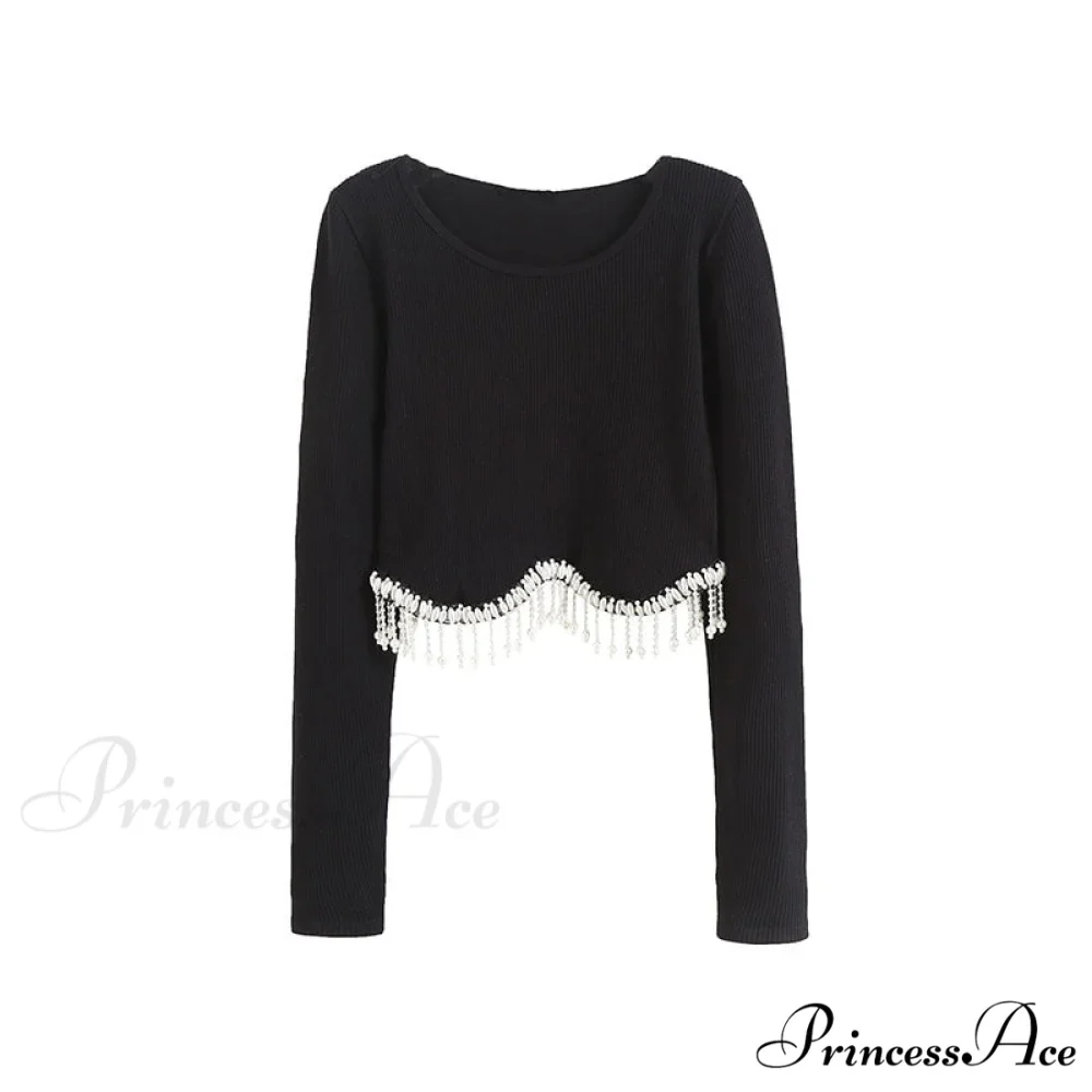 O-neck - Streetwear - Top - - Casual 2024 Rhinestone Spring - Long Women's Arm Tassel Crop - Hem T-shirt - Image 13