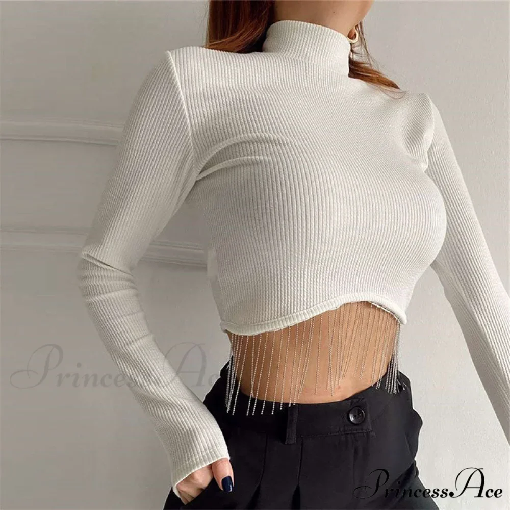 O-neck - Streetwear - Top - - Casual 2024 Rhinestone Spring - Long Women's Arm Tassel Crop - Hem T-shirt - Image 14