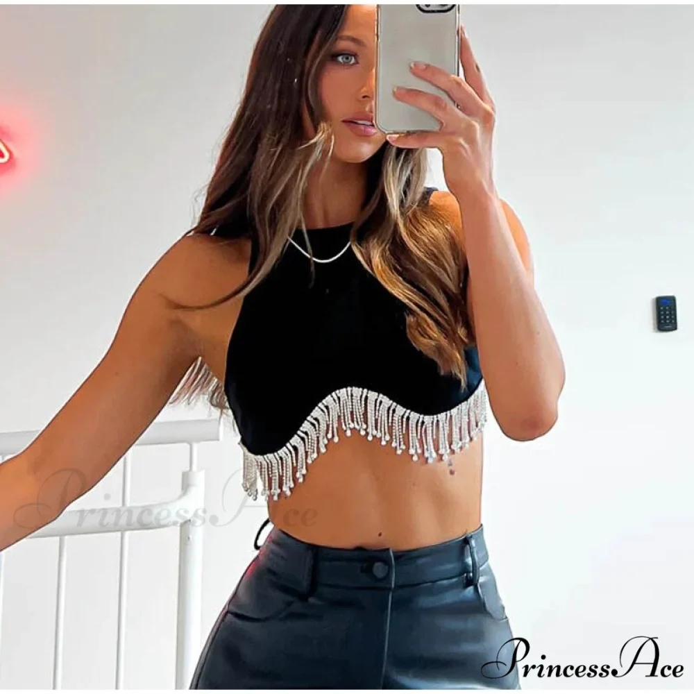 O-neck - Streetwear - Top - - Casual 2024 Rhinestone Spring - Long Women's Arm Tassel Crop - Hem T-shirt - Image 17