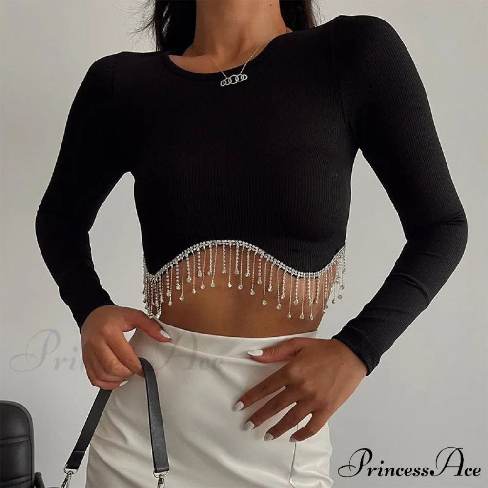O-neck - Streetwear - Top - - Casual 2024 Rhinestone Spring - Long Women's Arm Tassel Crop - Hem T-shirt - Image 5