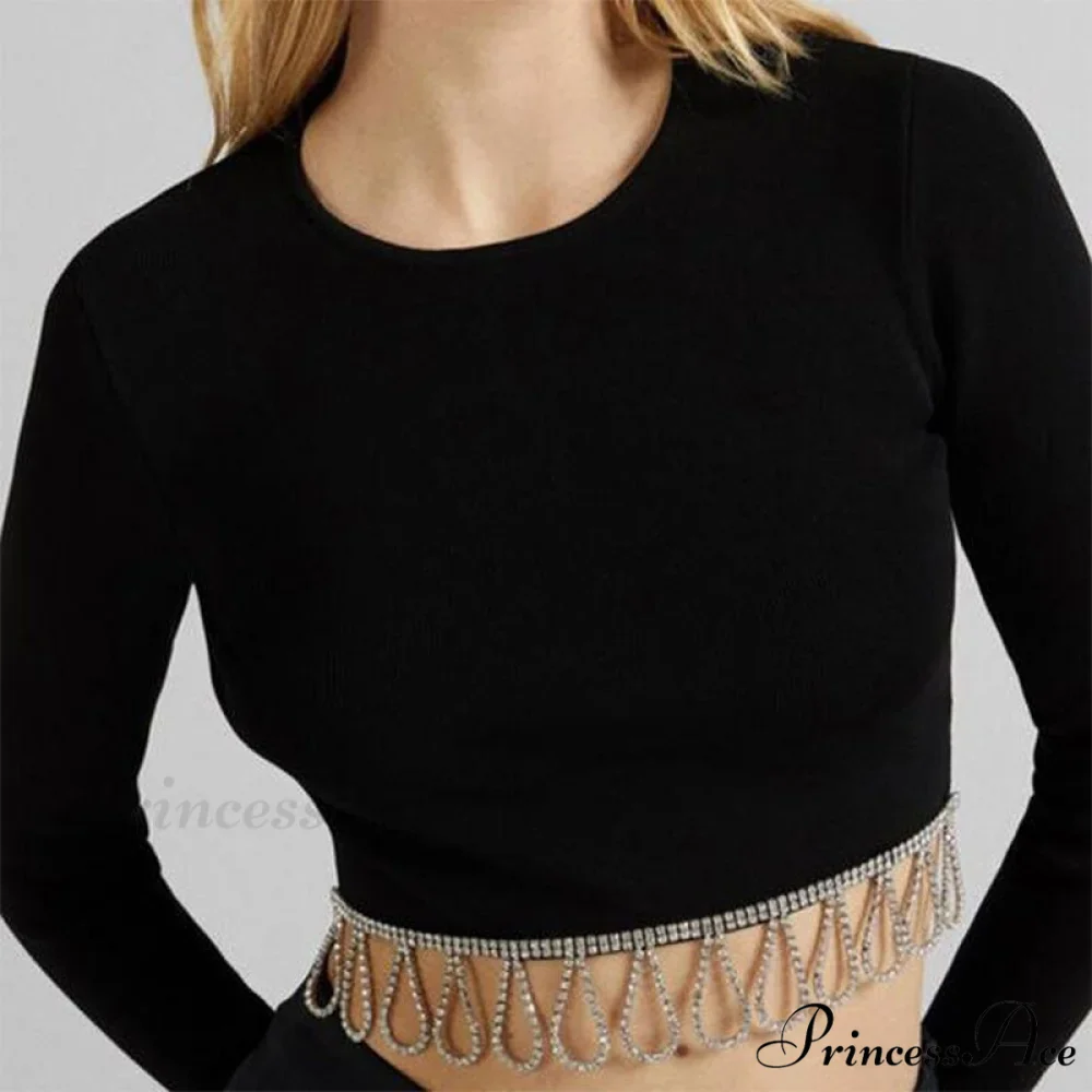 O-neck - Streetwear - Top - - Casual 2024 Rhinestone Spring - Long Women's Arm Tassel Crop - Hem T-shirt - Image 6