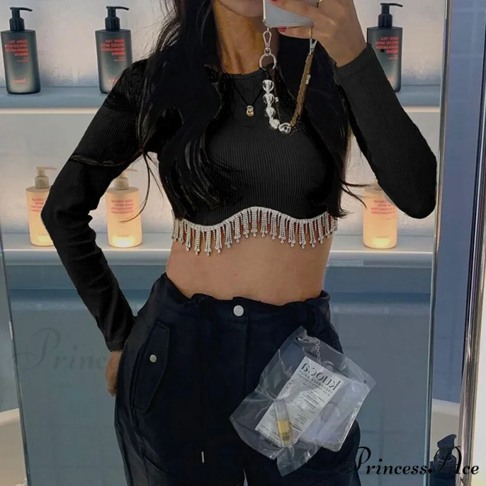 O-neck - Streetwear - Top - - Casual 2024 Rhinestone Spring - Long Women's Arm Tassel Crop - Hem T-shirt - Image 8