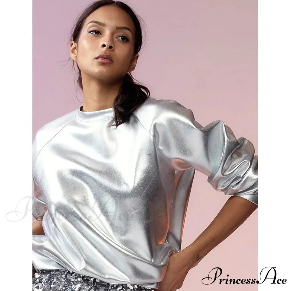 Grunge Sweatshirt Fall Nightclub PU Women's Fairy 2024 Pullover Casual Metallic Spring Silver - Long Arm O Neck Coat Clothing