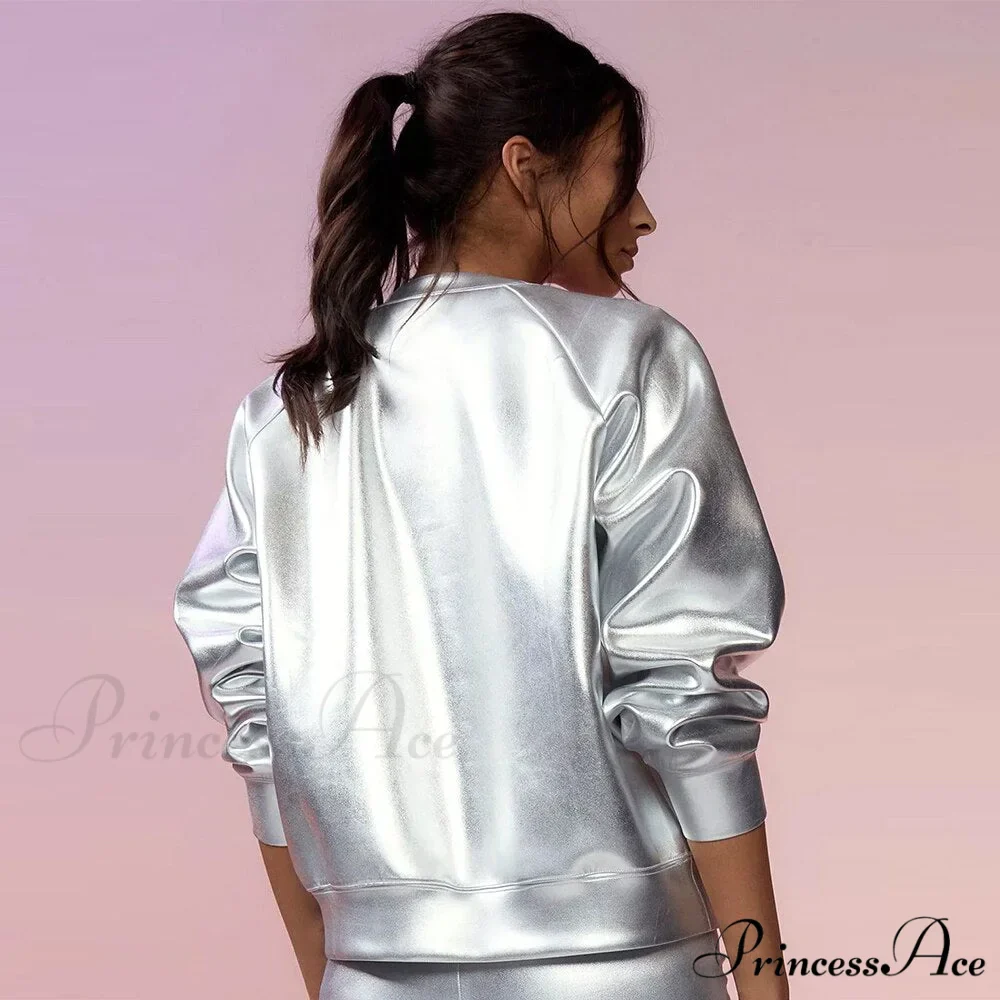 Grunge Sweatshirt Fall Nightclub PU Women's Fairy 2024 Pullover Casual Metallic Spring Silver - Long Arm O Neck Coat Clothing - Image 2