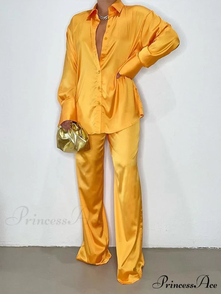 Casual - Set Elegant Women's Long and with Outfit Wide Solid Two Piece Arm Blouse Leg Loose Satin Pants