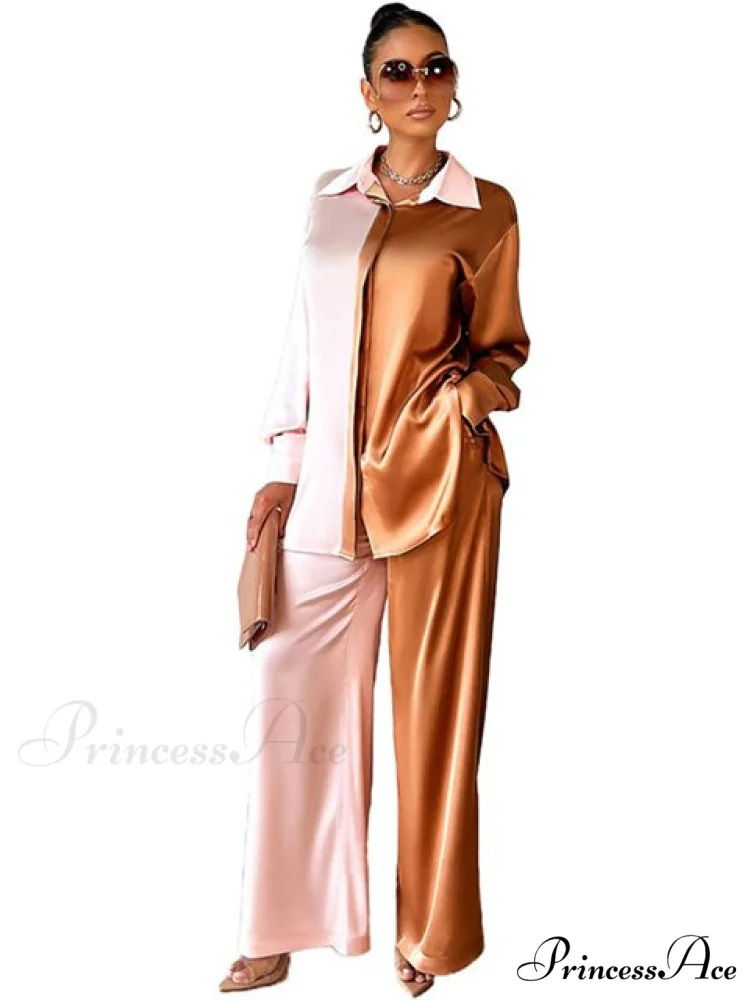 Casual - Set Elegant Women's Long and with Outfit Wide Solid Two Piece Arm Blouse Leg Loose Satin Pants - Image 14