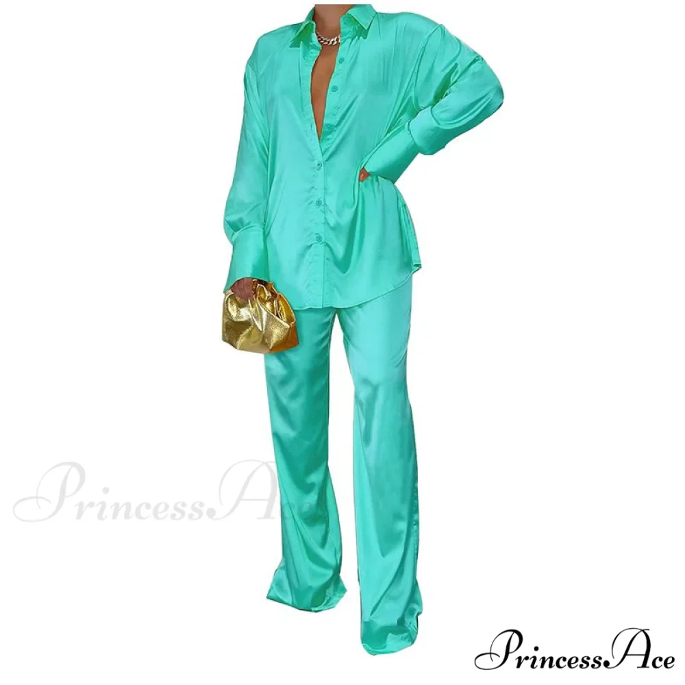 Casual - Set Elegant Women's Long and with Outfit Wide Solid Two Piece Arm Blouse Leg Loose Satin Pants - Image 18