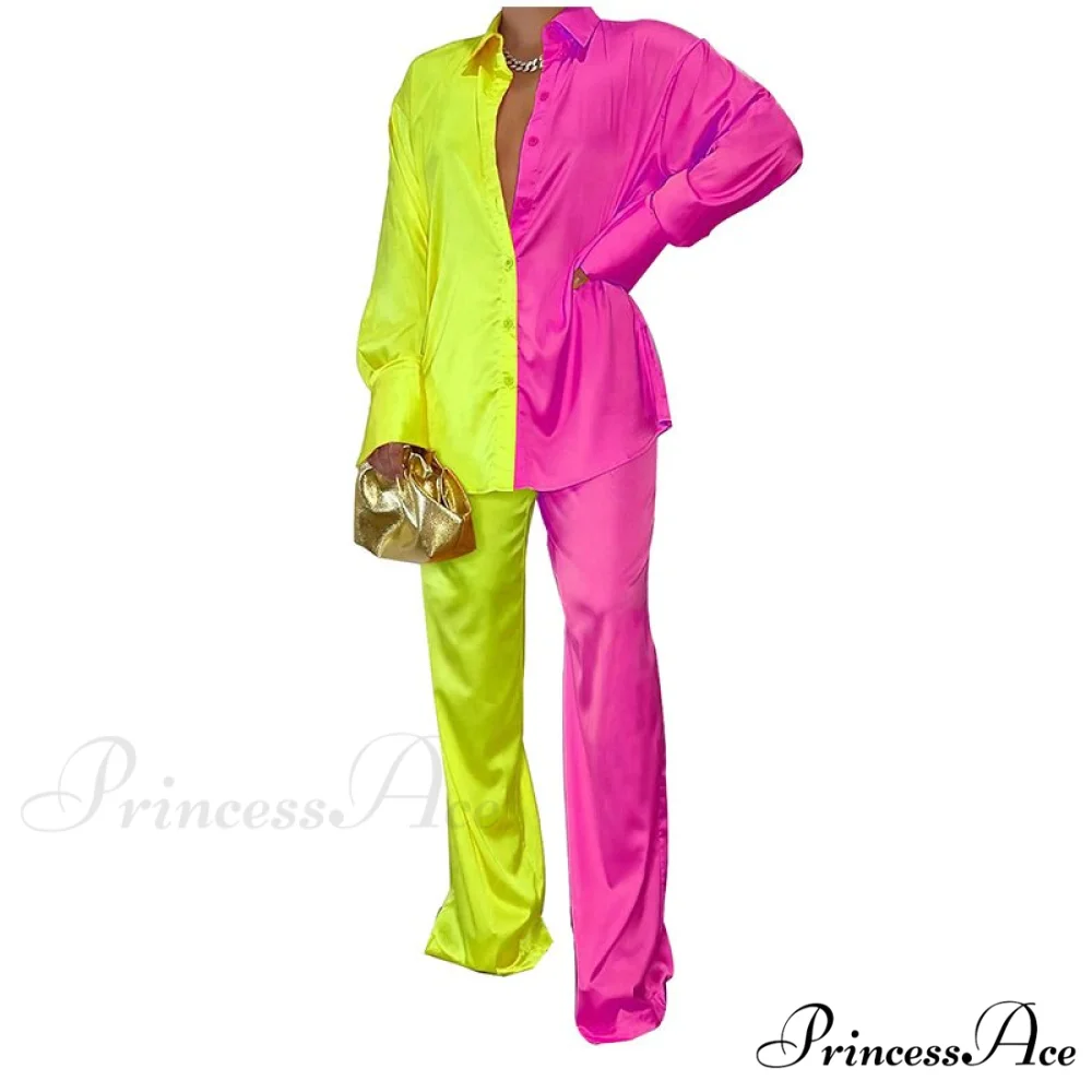 Casual - Set Elegant Women's Long and with Outfit Wide Solid Two Piece Arm Blouse Leg Loose Satin Pants - Image 20