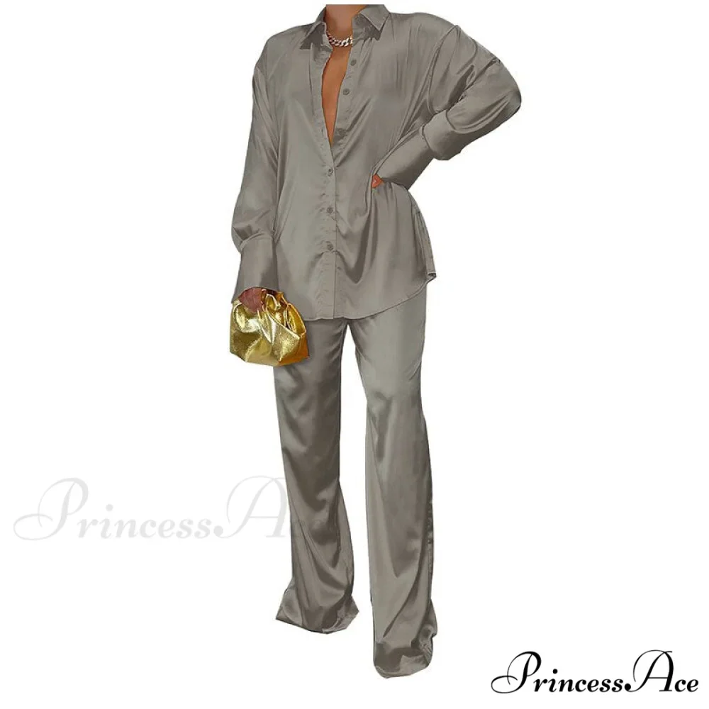 Casual - Set Elegant Women's Long and with Outfit Wide Solid Two Piece Arm Blouse Leg Loose Satin Pants - Image 5