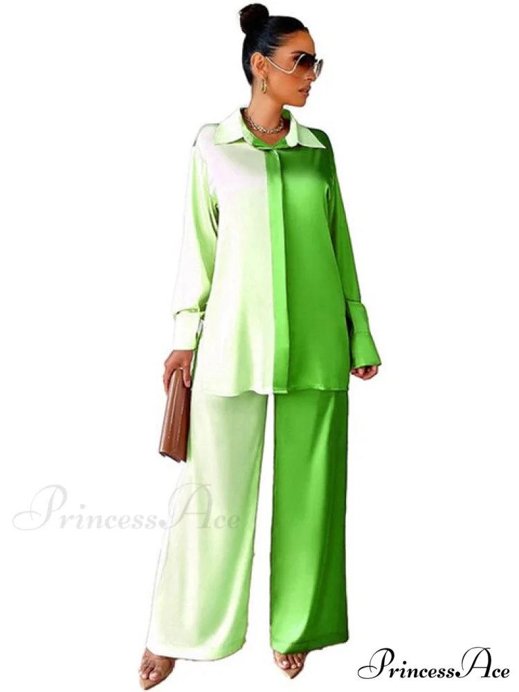 Casual - Set Elegant Women's Long and with Outfit Wide Solid Two Piece Arm Blouse Leg Loose Satin Pants - Image 6