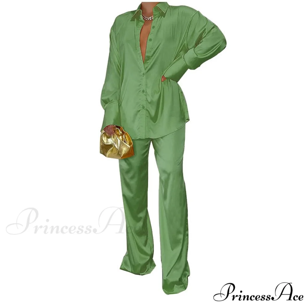 Casual - Set Elegant Women's Long and with Outfit Wide Solid Two Piece Arm Blouse Leg Loose Satin Pants - Image 7