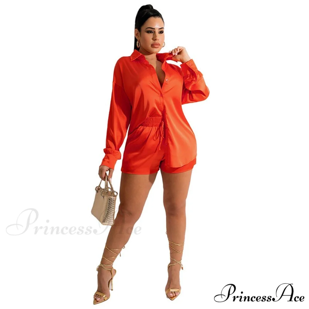 Casual - Set Elegant Women's Long and with Outfit Wide Solid Two Piece Arm Blouse Leg Loose Satin Pants - Image 9