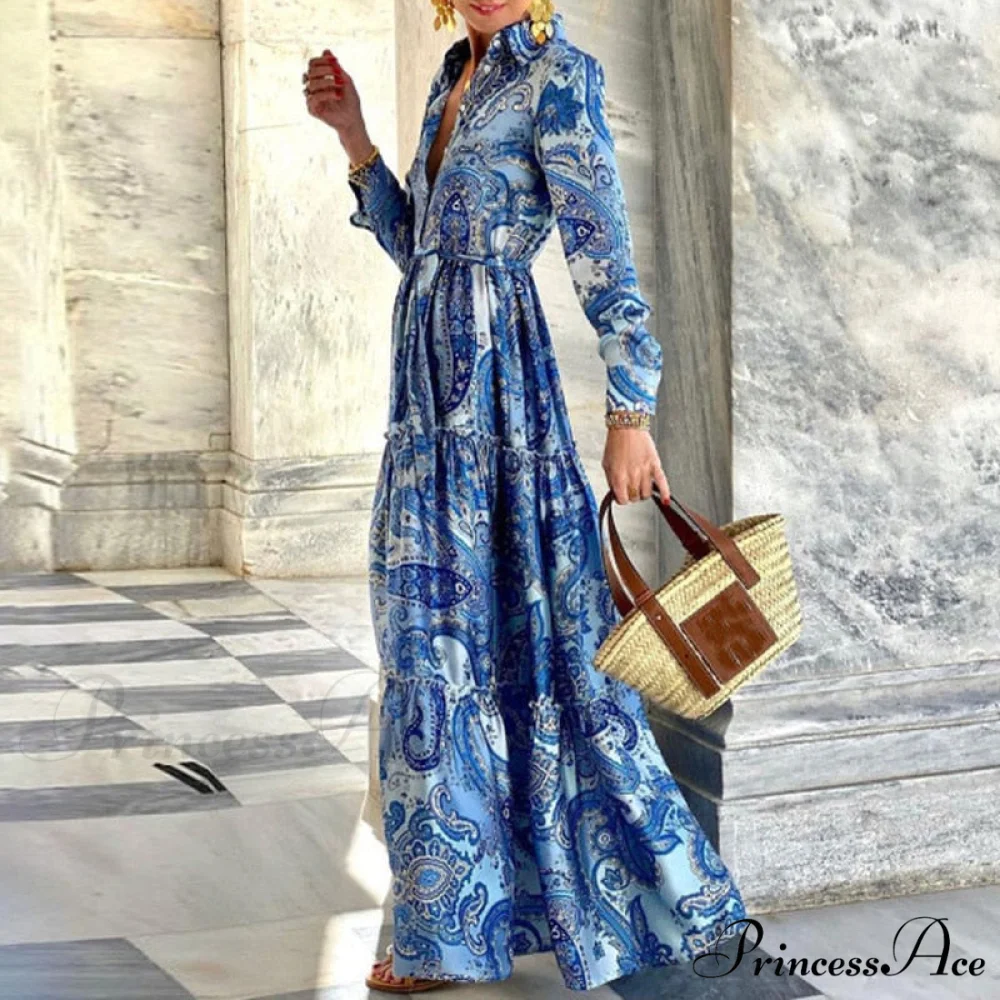 Design Button Coastal Detail Flowered Neckline - Party Full-Length Gown and Folded Gown with for Turn-down Bohemian Women - Image 2
