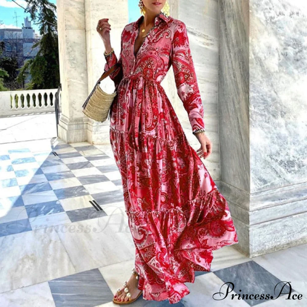 Design Button Coastal Detail Flowered Neckline - Party Full-Length Gown and Folded Gown with for Turn-down Bohemian Women - Image 3