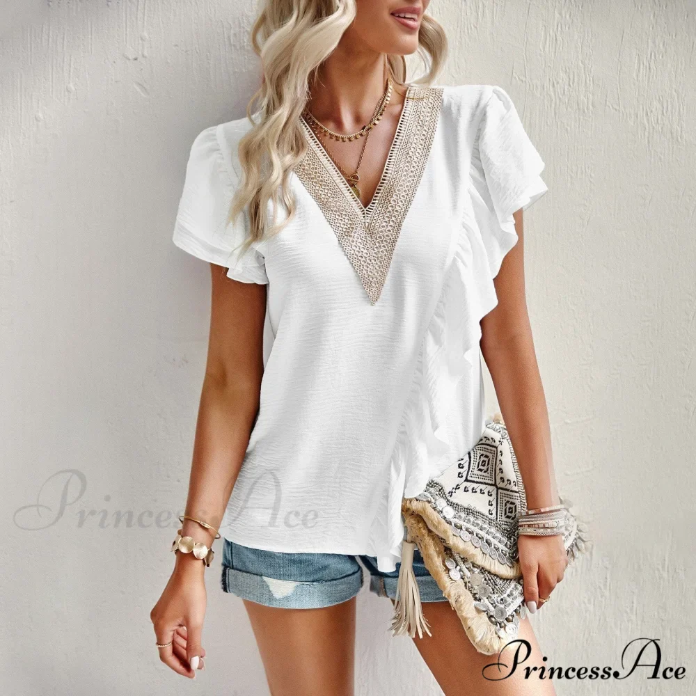 Blouse - V-Neck 2024 for Sleeved Top Brief Ruffle Warm-Season Women's Commuting - Image 4