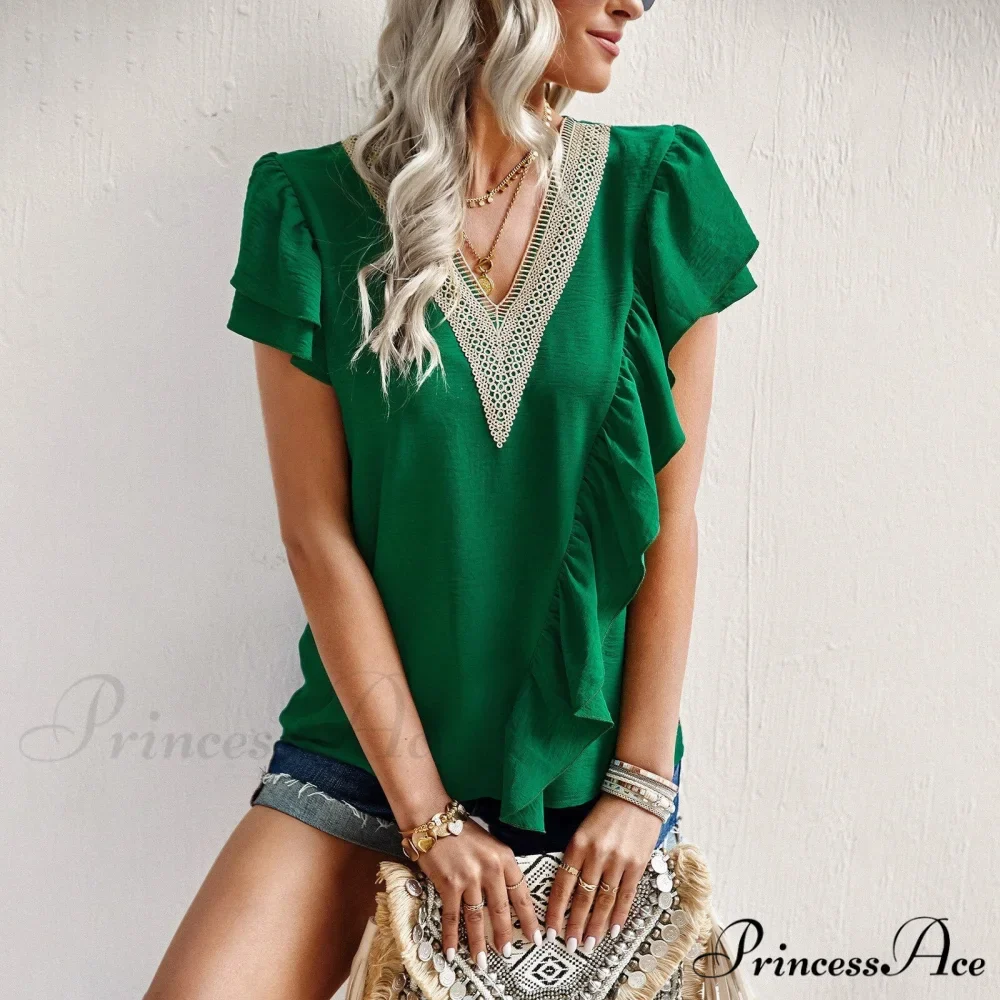 Blouse - V-Neck 2024 for Sleeved Top Brief Ruffle Warm-Season Women's Commuting - Image 7