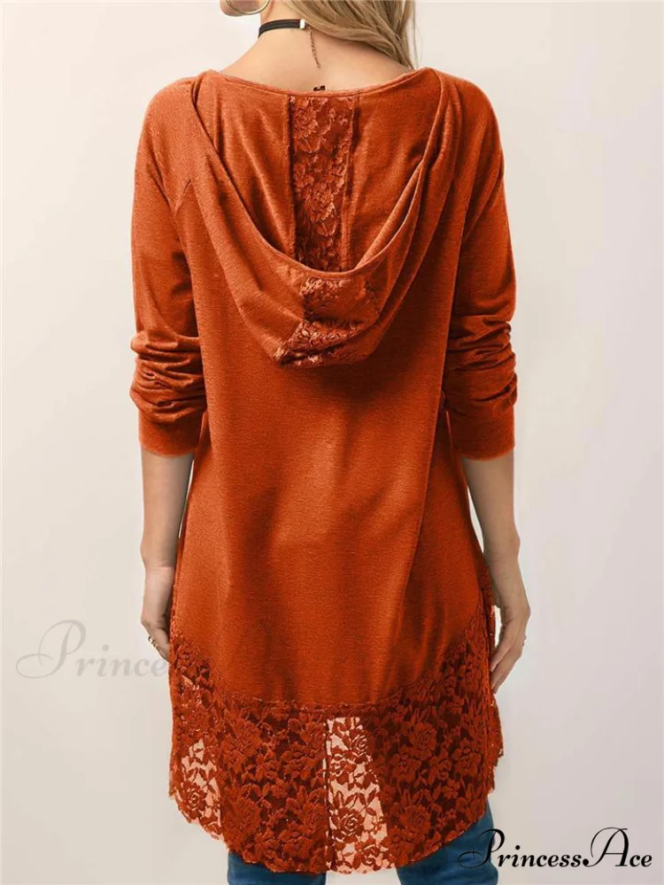 Long With Women Lace Patchwork Arm T-shirt Hood - Image 2