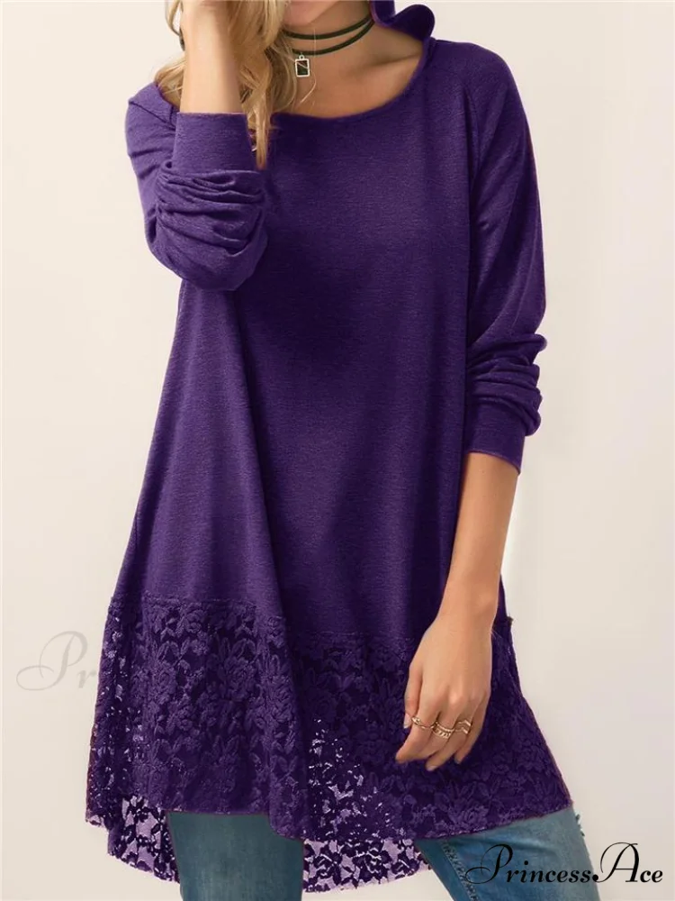 Long With Women Lace Patchwork Arm T-shirt Hood - Image 3