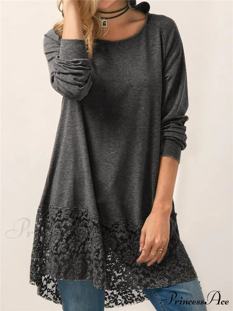 Long With Women Lace Patchwork Arm T-shirt Hood - Image 5