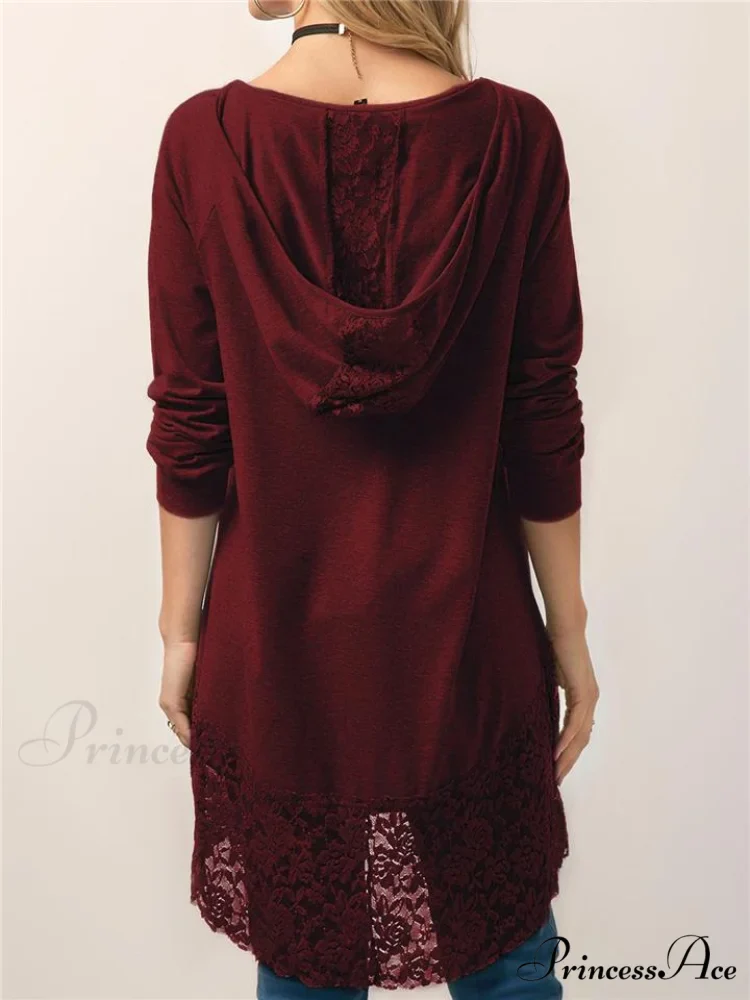 Long With Women Lace Patchwork Arm T-shirt Hood - Image 8