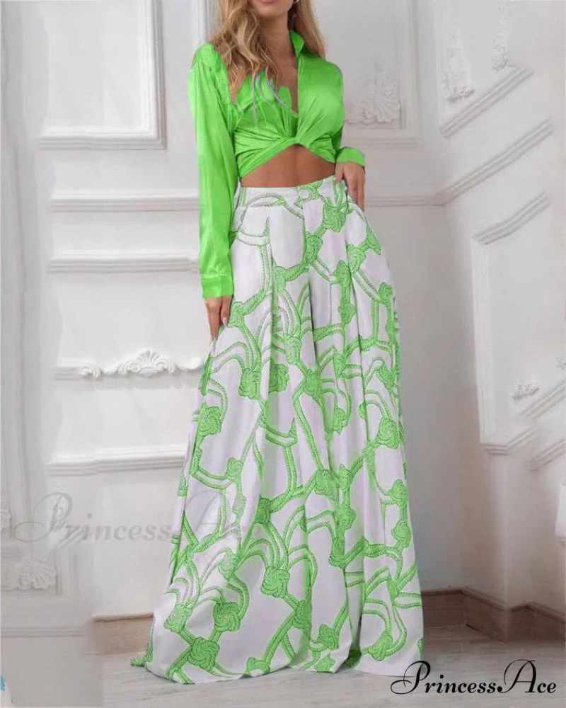 2024 Design Mid Warm-Season Autumn Wide Piece Suit Sets Arm Women's Flowered Two Blouse Casual Leg Pant 2pcs Set - Image 12
