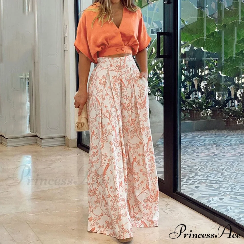 2024 Design Mid Warm-Season Autumn Wide Piece Suit Sets Arm Women's Flowered Two Blouse Casual Leg Pant 2pcs Set - Image 13