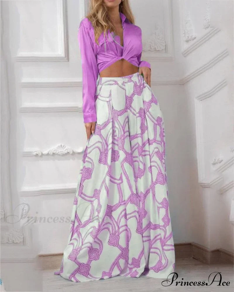 2024 Design Mid Warm-Season Autumn Wide Piece Suit Sets Arm Women's Flowered Two Blouse Casual Leg Pant 2pcs Set - Image 15