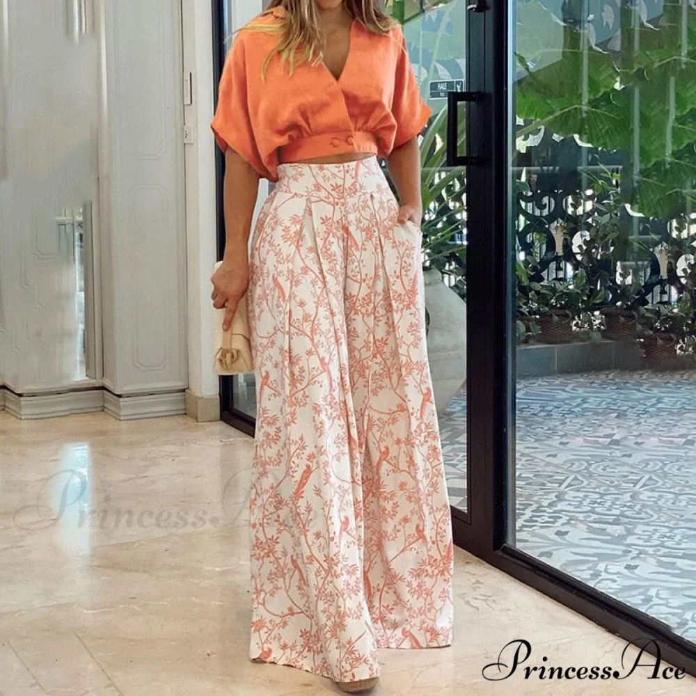 2024 Design Mid Warm-Season Autumn Wide Piece Suit Sets Arm Women's Flowered Two Blouse Casual Leg Pant 2pcs Set - Image 5