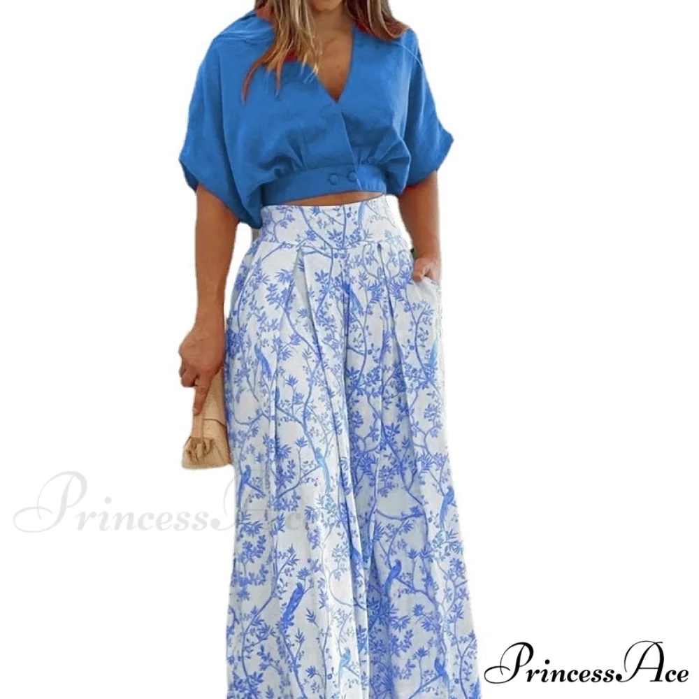 2024 Design Mid Warm-Season Autumn Wide Piece Suit Sets Arm Women's Flowered Two Blouse Casual Leg Pant 2pcs Set - Image 8