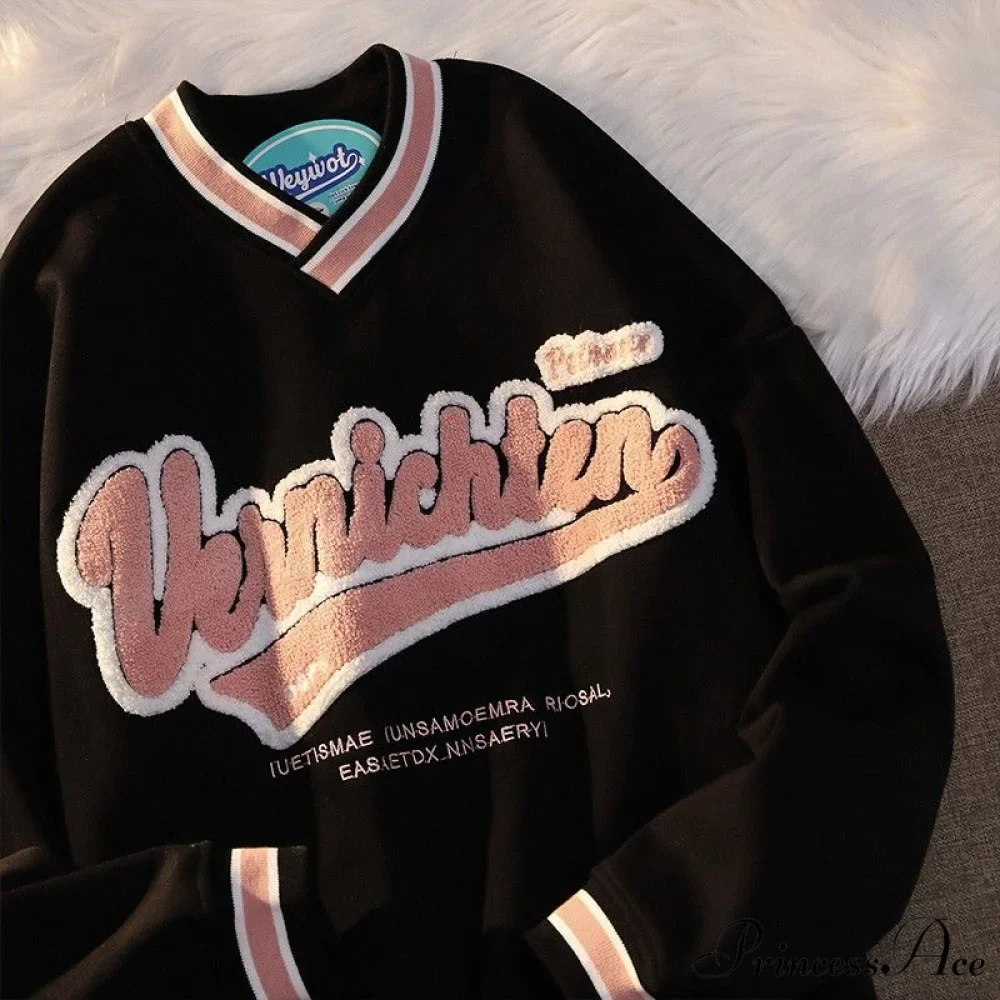 Hoodie Valentine's Retro Letter Harajuku Size Long-Sleeve Plus V-Neck Day Embroidery Y2K Sweatshirt Women's Fashion Loose Shirt