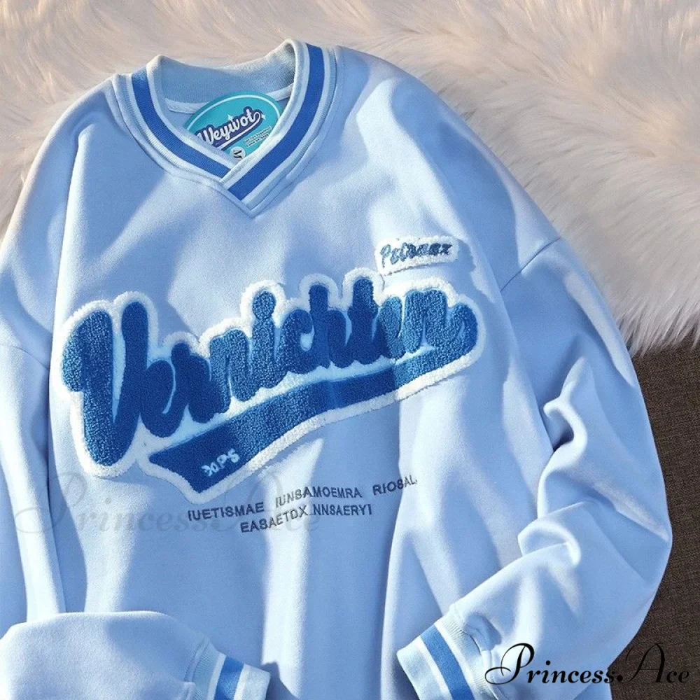 Hoodie Valentine's Retro Letter Harajuku Size Long-Sleeve Plus V-Neck Day Embroidery Y2K Sweatshirt Women's Fashion Loose Shirt - Image 3