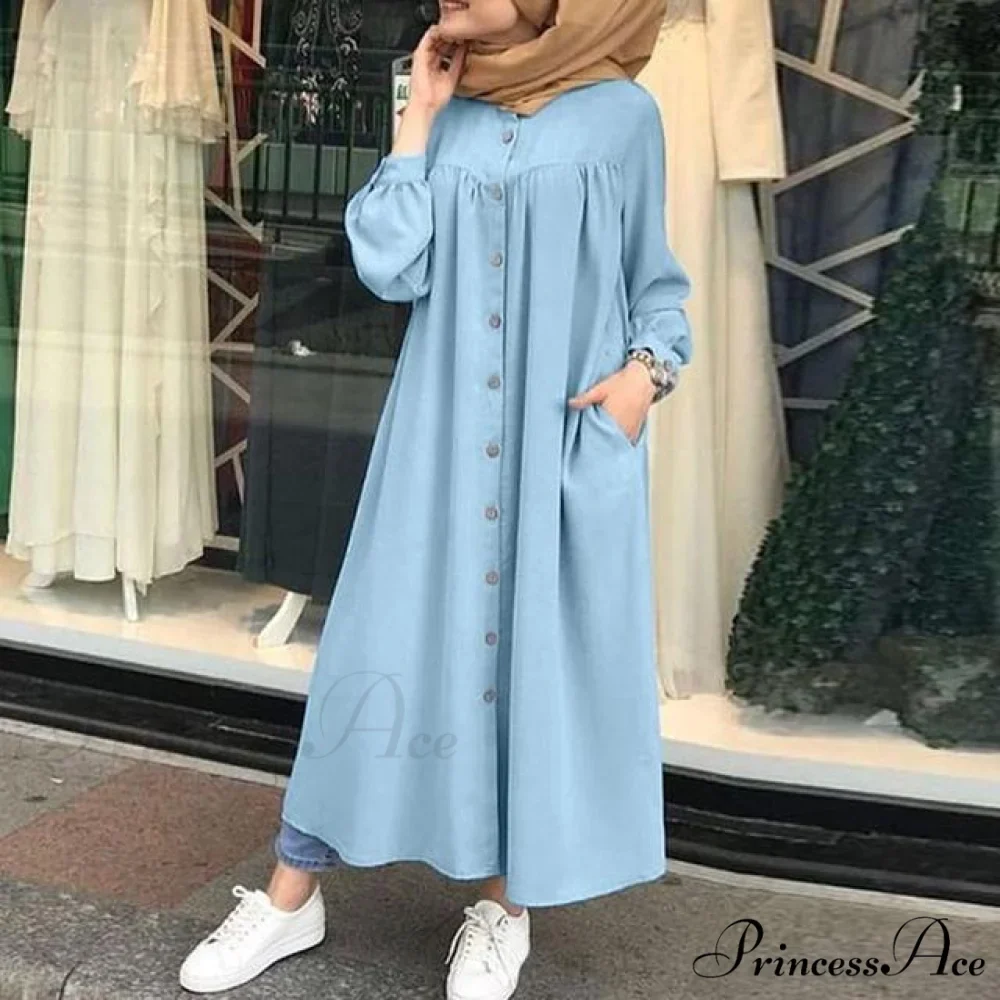 Plus Arm Long Female Muslim Vestidos Full-Length Robe Wasit Size Button Solid Blouse High Gown Sundress - Image 2