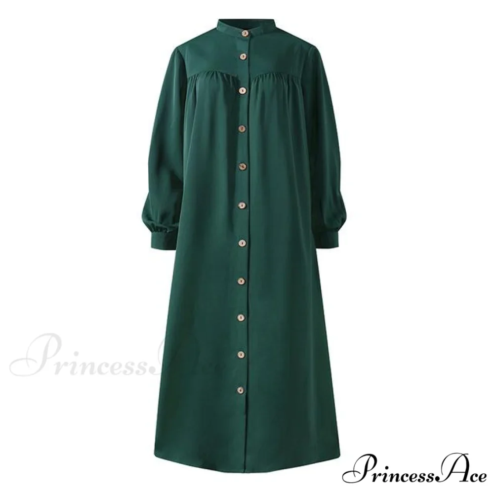 Plus Arm Long Female Muslim Vestidos Full-Length Robe Wasit Size Button Solid Blouse High Gown Sundress - Image 3