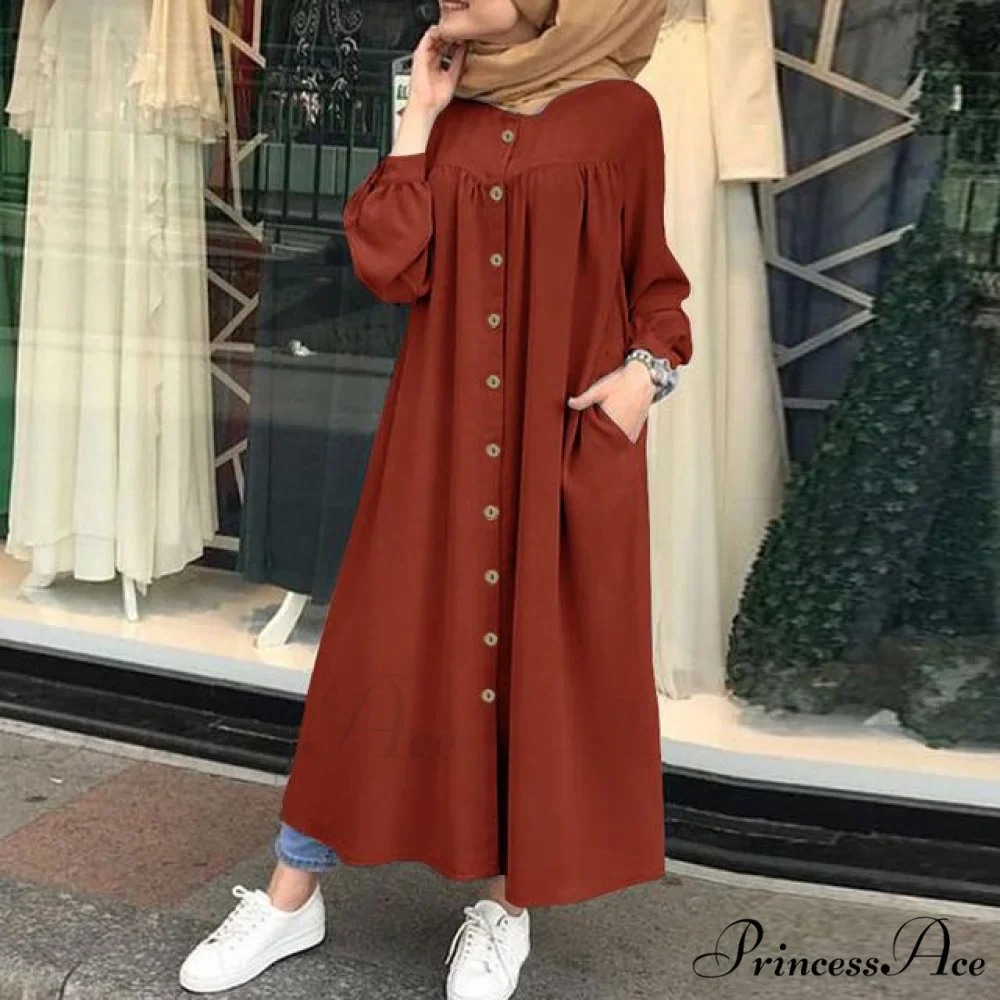 Plus Arm Long Female Muslim Vestidos Full-Length Robe Wasit Size Button Solid Blouse High Gown Sundress - Image 4