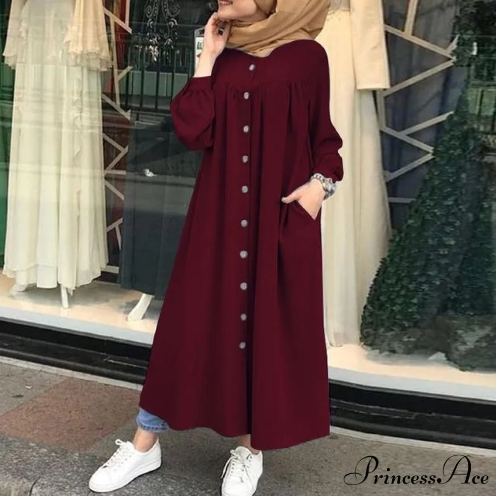 Plus Arm Long Female Muslim Vestidos Full-Length Robe Wasit Size Button Solid Blouse High Gown Sundress - Image 5