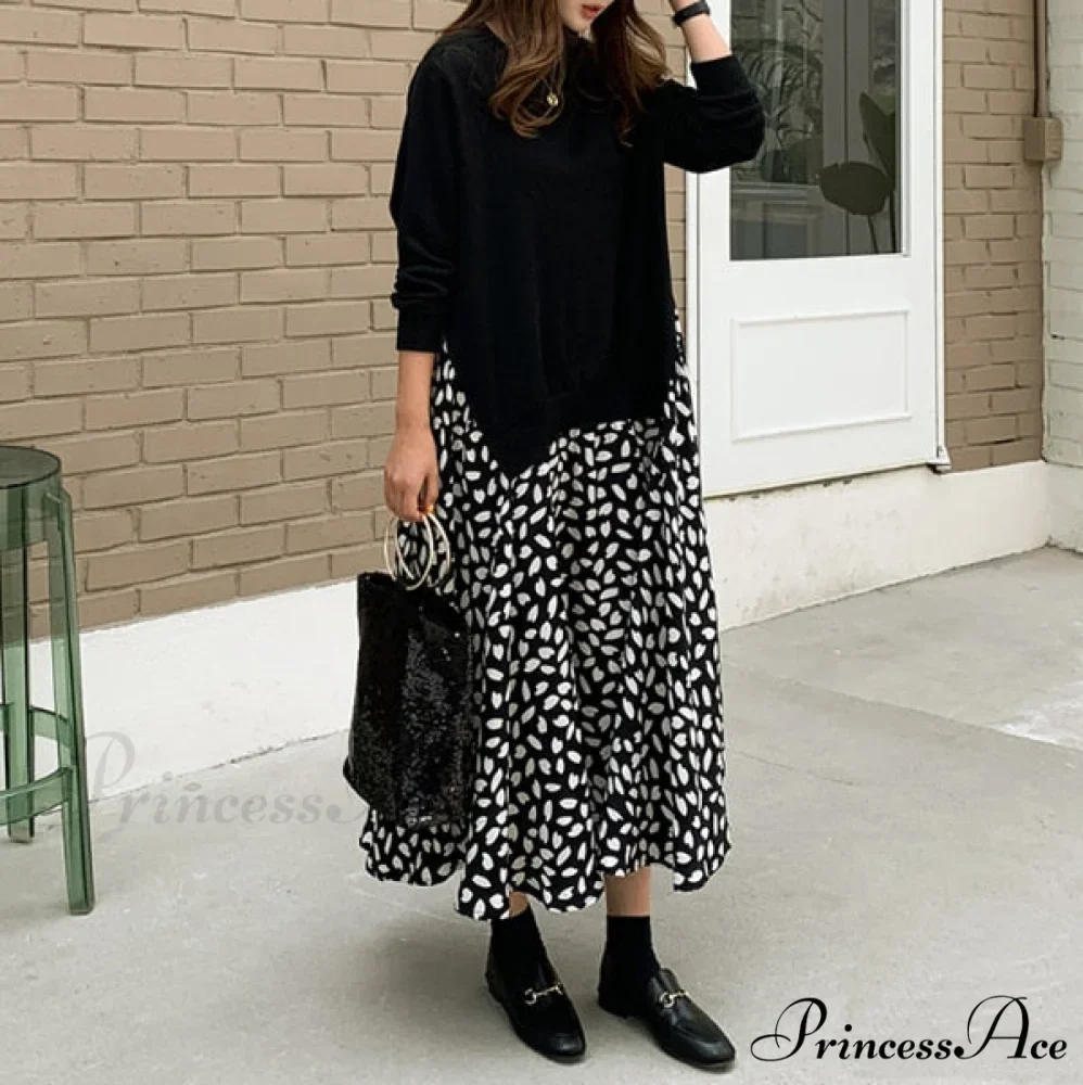 Autumn Size Gown Two Fake Gown Design Patchwork Piece T-Shirt Long Robe Arm Plus Women XL-5XL D08108R