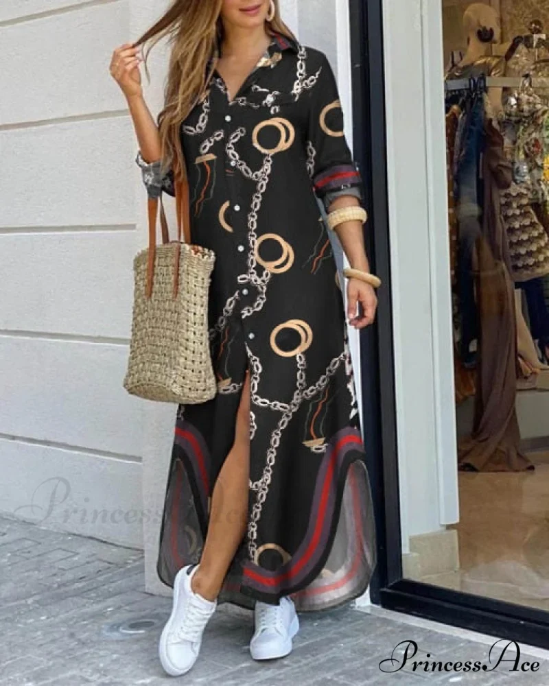 Casual Gown Button Commuter Blouse Loose Size Style Long Home Women's Street Large Gown Print - Image 14