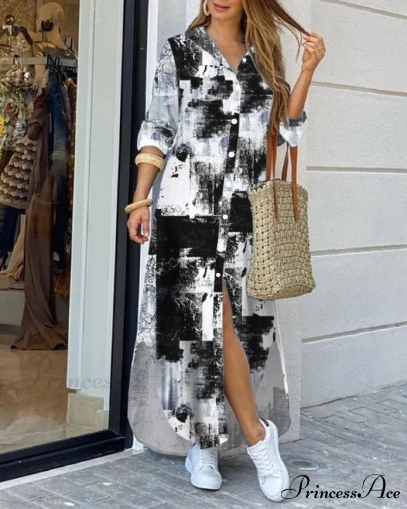 Casual Gown Button Commuter Blouse Loose Size Style Long Home Women's Street Large Gown Print - Image 6